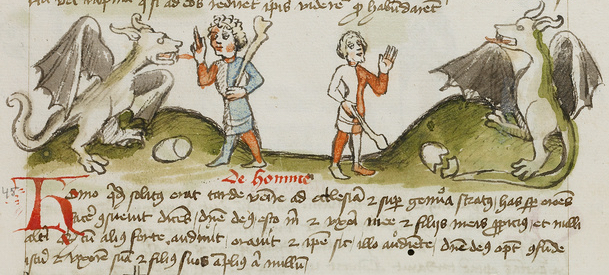 Image from an illuminated manuscript - A Dragon and a Farmer with a Club