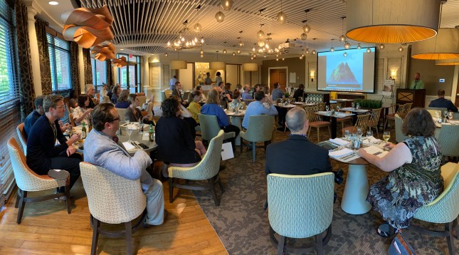 Photo of Tom Scheinfeldt helping us think about how to use the opportunities and constraints of a retreat to develop our ideas over the next few days