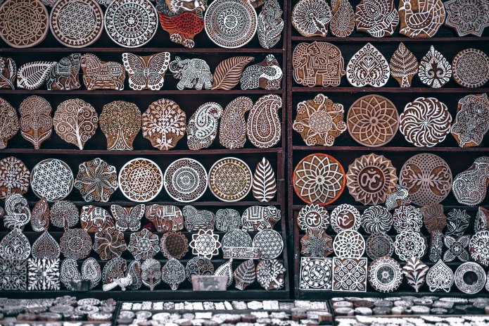 Photo of carved wooden mold blocks used for textile printing in India.