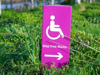 Photo of a pink sign in the grass, with a wheelchair symbol and reading "step free route"